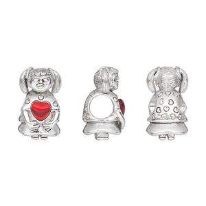 Bead, Dione®, antique silver-plated pewter (tin-based alloy) and glass, red, 15x9mm girl with heart, 5mm hole. Sold individually.
