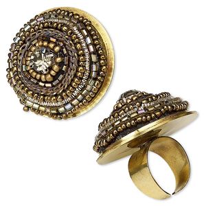 Ring, glass / glass rhinestone / steel / brass, iridescent multicolored, 40mm round, adjustable. Sold individually.