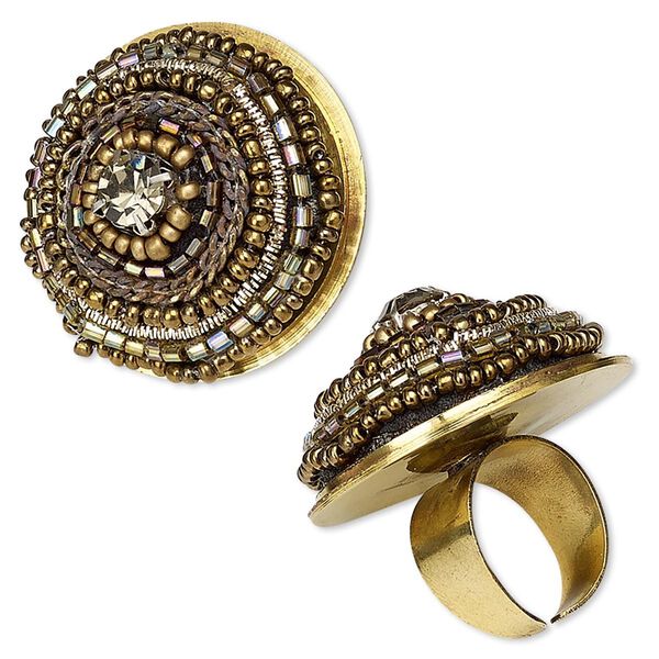 Ring, glass / glass rhinestone / steel / brass, iridescent multicolored, 40mm round, adjustable. Sold individually. image number 0