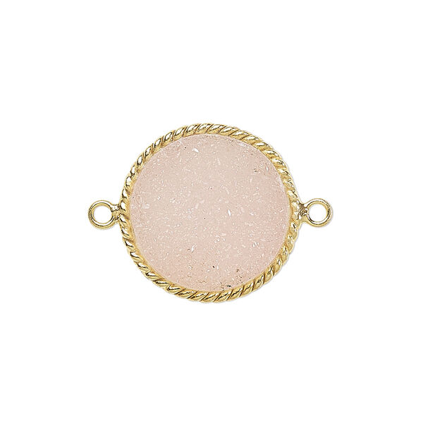 Link, druzy agate (dyed) and gold-plated sterling silver, pink, 17-19mm hand-cut single-sided flat round with twisted wire design. Sold individually. image number 0