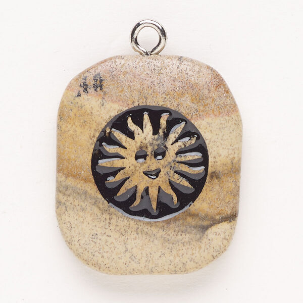 Focal, steel/picture jasper (natural)/enamel, pkg/1, silver finish and black, 32x27mm single-sided puffed freeform with sunface, B- grade. image number 0