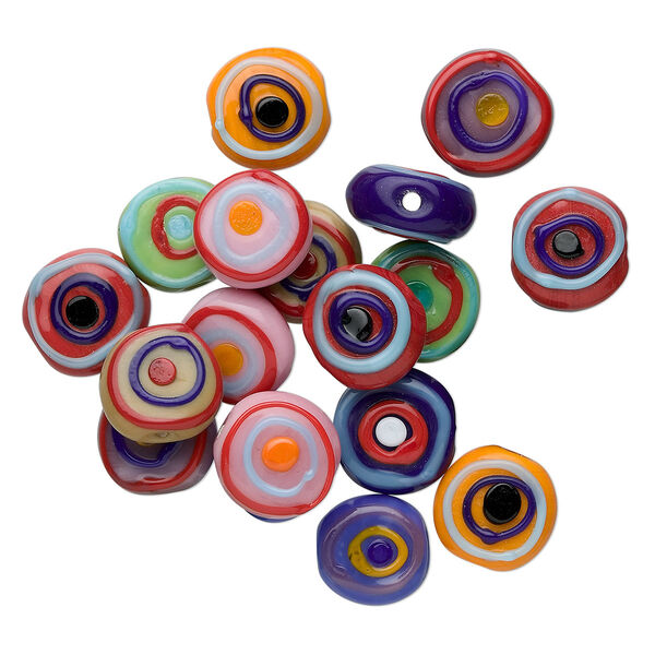 Bead mix, lampworked glass, mixed opaque colors, 15-19mm fancy flat round. Sold per pkg of 100 grams, approximately 20-30 beads. image number 0