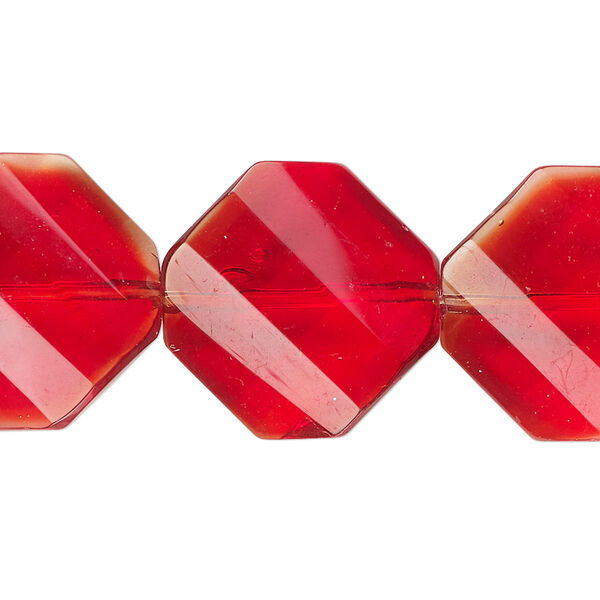 Bead, glass, translucent red-orange, 20-21mm checkerboard-faceted twisted octagon. Sold per 14-inch strand, approximately 20 beads. image number 0