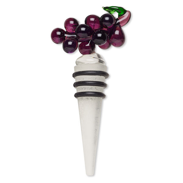 Bottle stopper, lampworked glass and rubber, multicolored, 3x2 inches with grapes and three rings. Sold individually. image number 0