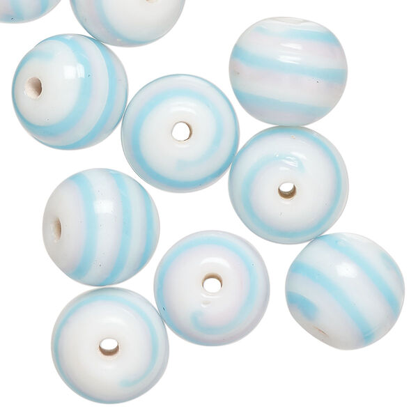 Bead, lampworked glass, opaque sky blue / pink / white, 12mm round. Sold per pkg of 10. image number 0