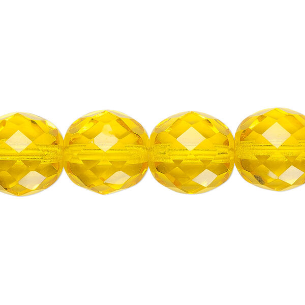Bead, Czech fire-polished glass, pkg/15-1/2 to 16 inches, 12mm faceted round, transparent yellow, (80020). image number 0