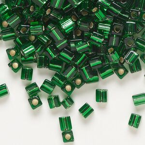 Seed bead, Miyuki, glass, pkg/250g, 3.5-3.7mm square, transparent silver-lined green (SB-16).