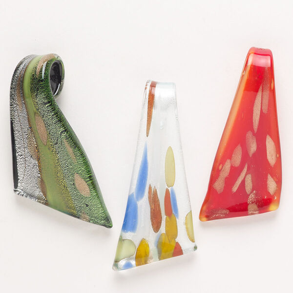 Random focal mix, lampworked glass, pkg/3, opaque to transparent mixed colors with silver-colored foil and copper-colored glitter, 48x22mm-64x38mm top-drilled random slant triangle. image number 0