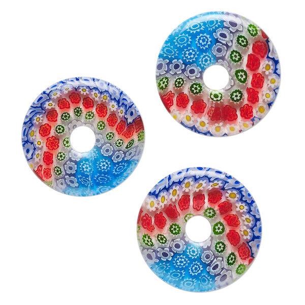 Component, millefiori glass, translucent multicolored, 24-26mm undrilled donut with flower design. Sold per pkg of 3. image number 0