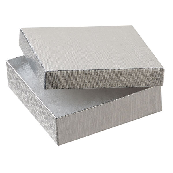 Box 1pkg6, paper and "cotton" filled, silver 3-1/2 x 3-1/2 x 1 inches square image number 1
