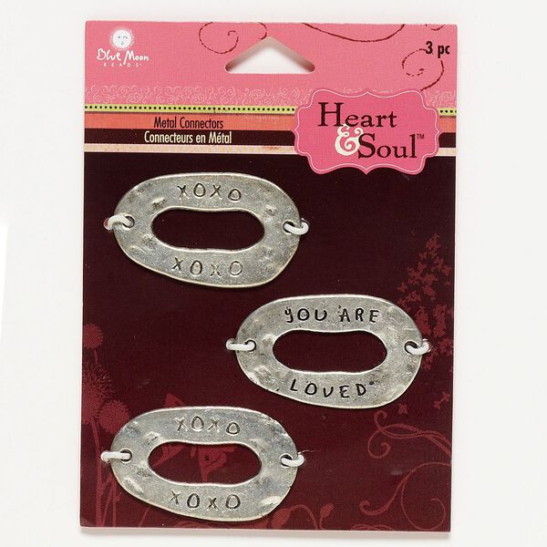 Focal, antique silver-finished "pewter" (zinc-based alloy), 35x21mm open freeform oval with (1) "YOU ARE LOVED" and (2) "XOXO." Sold per pkg of 3. image number 0