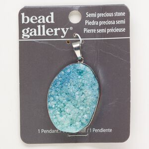 Druzy agate / steel / brass 1pkg1, silver finished oval pendant 42x29mm