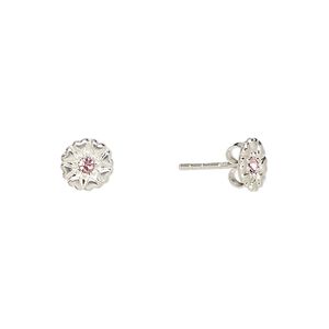 Earstud, Create Compliments®, sterling silver and crystal, pink, 7mm flower. Sold per pair.