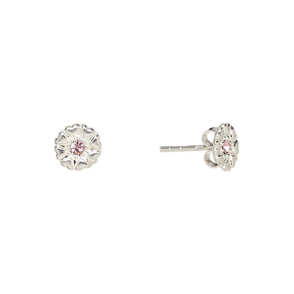Earstud, Create Compliments®, sterling silver and crystal, pink, 7mm flower. Sold per pair. image number 0