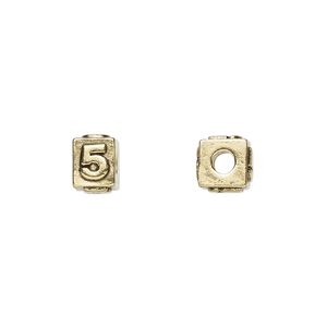 Bead, antique gold-plated pewter (tin-based alloy), 8x6mm rectangle with number "5." Sold per pkg of 4.