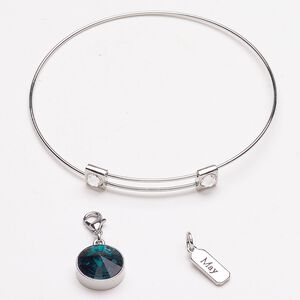 Bracelet and charm "pewter" zinc-based alloy steel 3pk 8-inch bangle, silver finish emerald