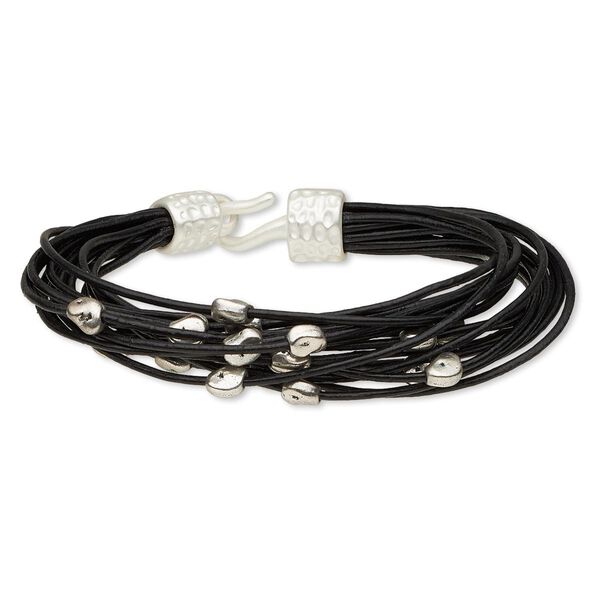 Bracelet, 16-strand, leather (dyed) and silver-finished "pewter" (zinc-based alloy), black, 17mm wide with matte mini nugget, 7-1/2 inches with hook-and-eye clasp. Sold individually. image number 0