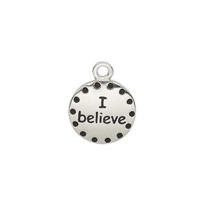 Drop, enamel and imitation rhodium-plated "pewter" (zinc-based alloy), black, 14.5mm single-sided round with "I believe." Sold individually.