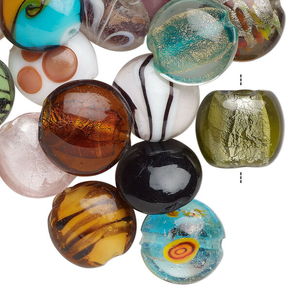Bead mix, lampworked glass, pkg/4 ounces, opaque to transparent mixed colors with silver-colored foil and copper-colored glitter, 16-22mm puffed flat round. image number 0