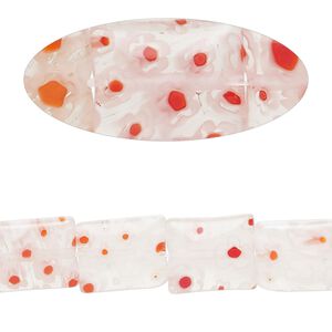 Bead, millefiori glass, translucent dark red / orange / white / clear, 12x10mm puffed rectangle with flower design. Sold per 14-inch strand.