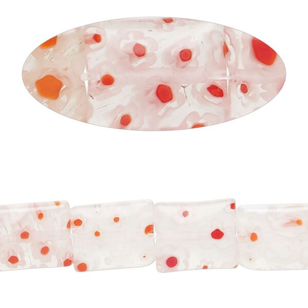 Bead, millefiori glass, translucent dark red / orange / white / clear, 12x10mm puffed rectangle with flower design. Sold per 14-inch strand. image number 0