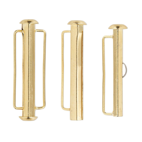 Clasp, slide lock, gold-plated brass, 31x6mm round tube. Sold per pkg of 4. image number 0