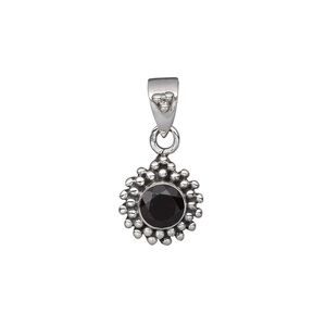 Pendant, garnet (natural) and antiqued sterling silver, 12x12mm with 6mm faceted round. Sold individually.