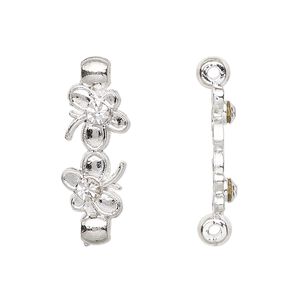 Spacer, glass rhinestone and silver-plated "pewter" (zinc-based alloy), clear, 27.5x10mm 2-strand with butterflies, fits up to 21mm bead. Sold per pkg of 10.