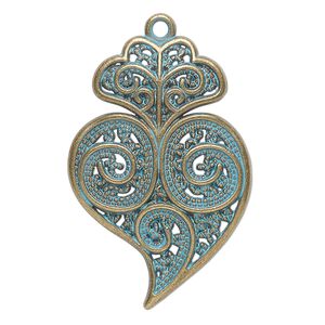 Focal, antique brass-finished "pewter" (zinc-based alloy), green patina, 37x25mm single-sided fancy heart. Sold per pkg of 4.