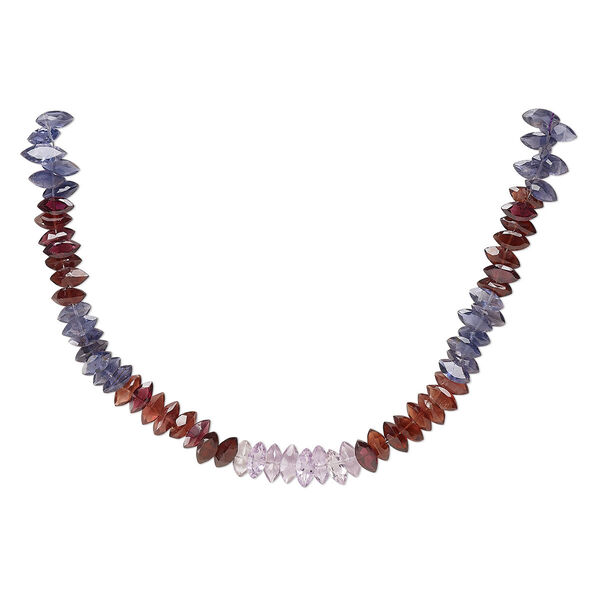 Bead, amethyst / garnet / iolite (natural / heated), 8x4mm-10x5mm hand-cut top-drilled flat-sided faceted puffed marquise, B grade, Mohs hardness 7. Sold per 7-inch strand, approximately 65 beads. image number 0