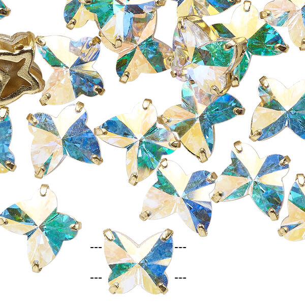 Sew-on 1pk crystal AB gold plate, Preciosa Czech crystal 10mm spacer butterfly image number 1