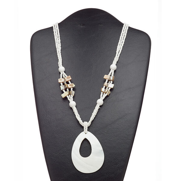 Necklace, mother-of-pearl shell (natural / bleached) / acrylic / glass / silver-finished steel / "pewter" (zinc-based alloy), white, 75x55mm teardrop go-go, 22 inches with 2-inch extender chain and lobster claw clasp. Sold individually. image number 0