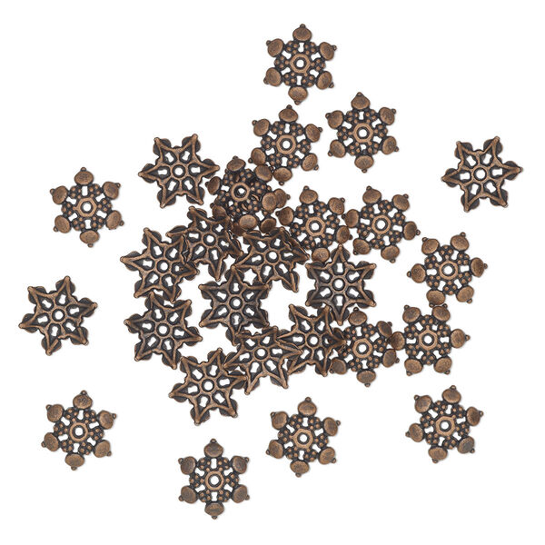 Bead cap, antique copper-finished brass, 11x3.5mm flower with dotted design, fits 10-12mm round bead. Sold per pkg of 27. image number 0