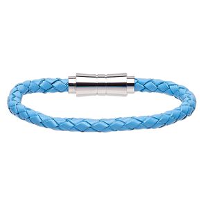 Bracelet, leather (dyed) and stainless steel, light blue, 6mm bolo cord, 6-1/2 inches with magnetic clasp. Sold individually.