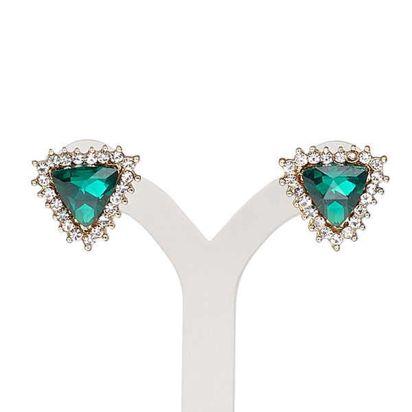 Earring, glass / glass rhinestone / stainless steel / gold-finished "pewter" (zinc-based alloy), emerald green and clear, 16mm triangle with post. Sold per pair. image number 0