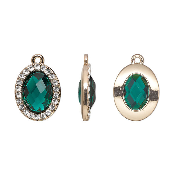 Drop, glass / glass rhinestone / gold-finished "pewter" (zinc-based alloy), clear and transparent emerald green, 19x15.5mm single-sided oval. Sold per pkg of 2. image number 0