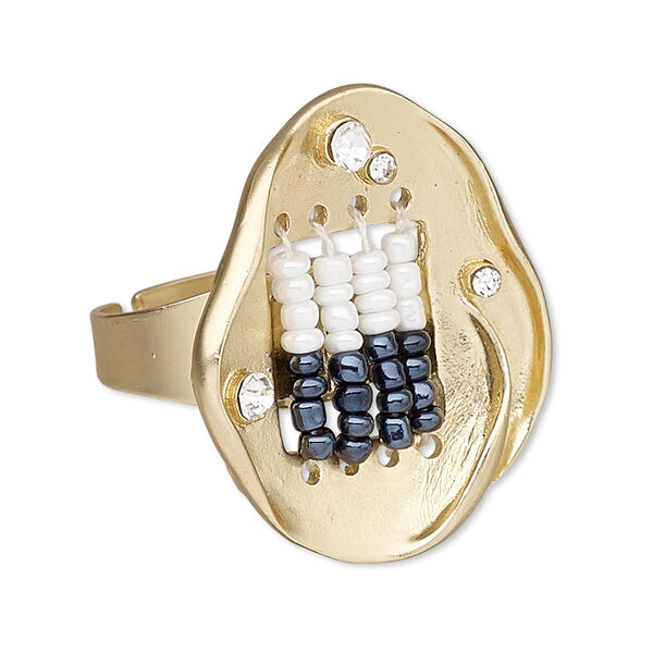 Ring, glass rhinestone / glass / gold-finished "pewter" (zinc-based alloy), white / black / clear, 32x28mm freeform, adjustable. Sold individually. image number 0