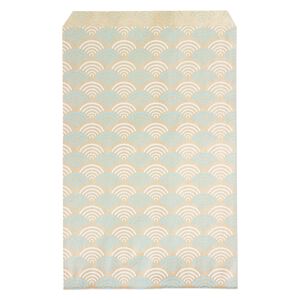 Bag, paper, brown, white and blue, 9x6 inch rectangle with fan-print and scalloped top edge. Sold per pkg of 100.