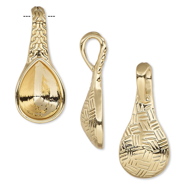 Pendant, Almost Instant Jewelry®, gold-finished "pewter" (zinc-based alloy), 28x12mm two-sided textured teardrop with 14x10mm pear setting. Sold per pkg of 2. image number 0