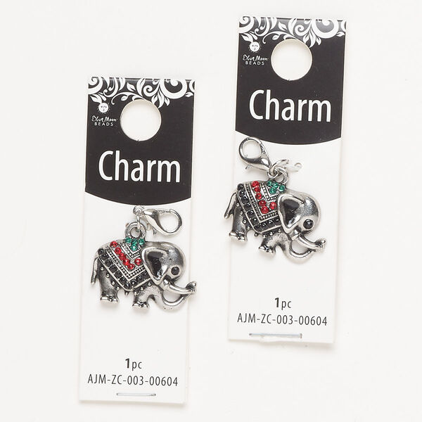 Charm, antique silver-finished "pewter" (zinc-based alloy) / steel / glass, red / black / green, 25x17mm single-sided elephant with lobster claw clasp. Sold per pkg of 2. image number 0
