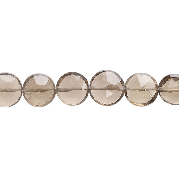 Bead, smoky quartz (heated / irradiated), 8-10mm hand-cut faceted puffed flat round, B grade, Mohs hardness 7. Sold per 7-inch strand, approximately 20 beads. image number 0