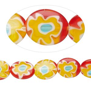 Bead, millefiori glass, translucent red and multicolored, 11x9mm-12x10mm puffed oval with flower design. Sold per 14-inch strand.