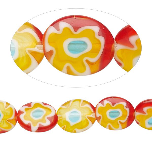 Bead, millefiori glass, translucent red and multicolored, 11x9mm-12x10mm puffed oval with flower design. Sold per 14-inch strand. image number 0