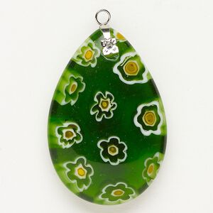 Focal 1pkg1 silver-finished steel and millefiori glass, translucent and transparent green / white / yellow-orange, 44x30mm-46x32mm puffed teardrop.