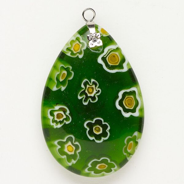 Focal 1pkg1 silver-finished steel and millefiori glass, translucent and transparent green / white / yellow-orange, 44x30mm-46x32mm puffed teardrop. image number 0