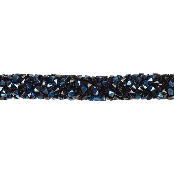 Tube, PVC plastic and glass rhinestone, opaque black iris blue, 6-7mm wide. Sold per 8-inch section. image number 0