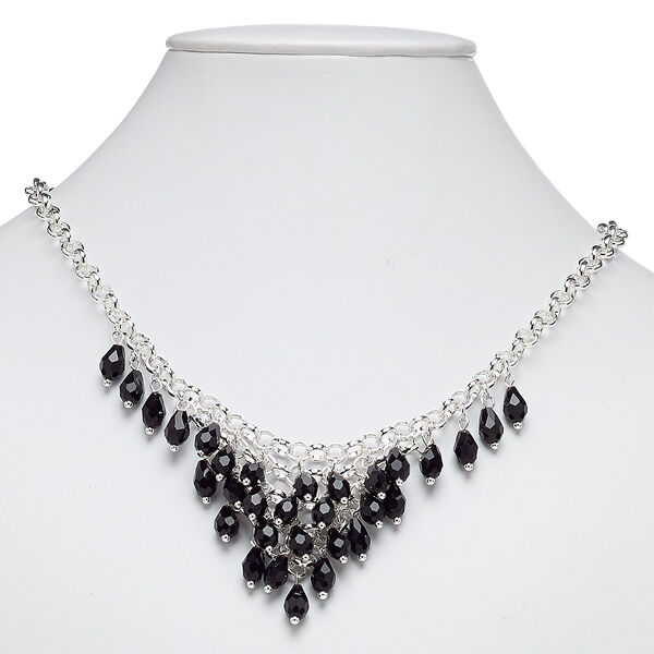 Necklace, glass with silver-plated steel and "pewter" (zinc-based alloy), black, 18 inches with 2-inch extender chain and lobster claw clasp. Sold individually. image number 0
