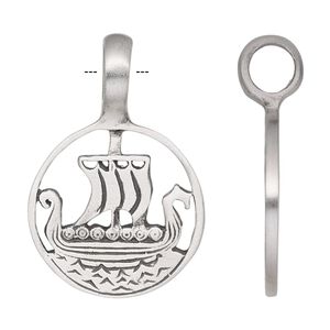 Pendant, antiqued pewter (tin-based alloy), 35.5x24mm two-sided round with cutout ship. Sold individually.