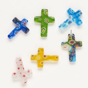 Component, millefiori glass, translucent multicolored, 20x12mm-30x20mm cross. Sold per pkg of 6.