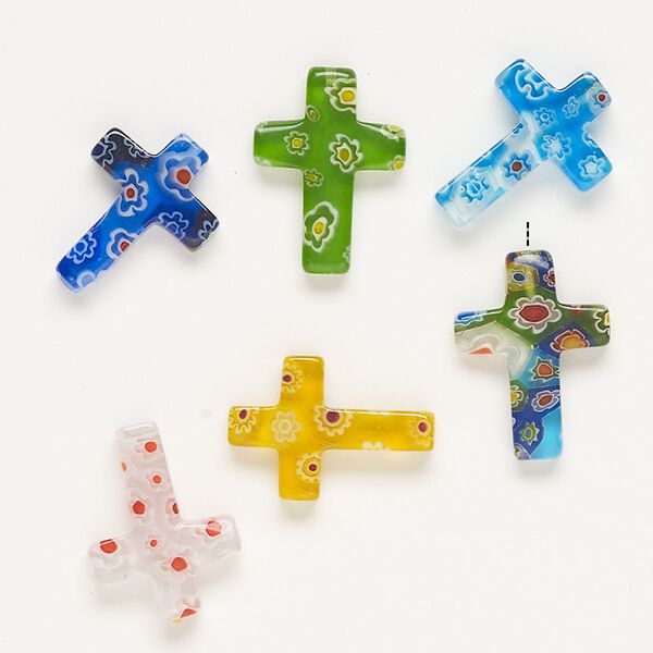 Component, millefiori glass, translucent multicolored, 20x12mm-30x20mm cross. Sold per pkg of 6. image number 0